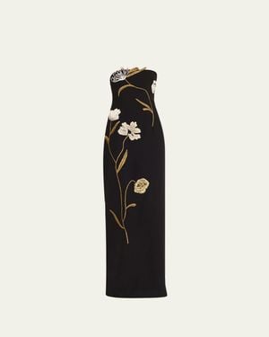 Lela Rose Floral Cord Embroidered Strapless Column Gown - Black
