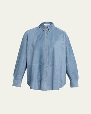 Brunello Cucinelli Suede Long Sleeve Snap Button Shirt - Blue