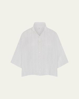 Eskandar Sloped Shoulder Wide A-Line Pleated Collar Short Sleeve Shirt - White