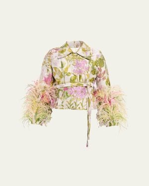 Libertine Dianthus Jacquard Feather-Trim Single-Breasted Jacket - White