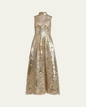 Elie Saab Mock-Neck Sequined Tulle Sleeveless Midi Dress - Natural