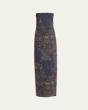 Giorgio Armani Strapless Tile-Print Silk Gown - Blue