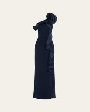 Teri Jon One-Shoulder Ruffle Column Gown - Blue
