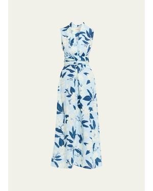 VERANDAH Hand-Draped Linen-Cotton Midi Dress - Blue