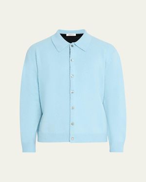 Zankov Brushed Wool And Cashmere Color-Block Polo Cardigan - Blue