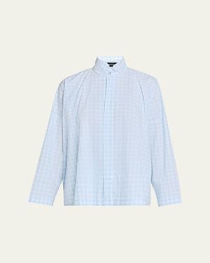 Eskandar Triple-Plaid Cotton Wide Longer Back Shirt Jacket - Blue