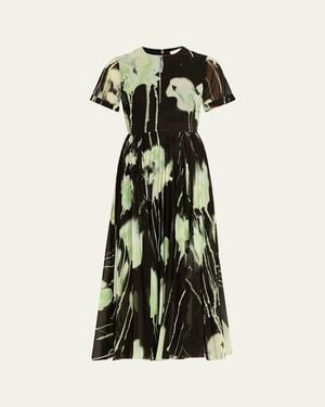 Jason Wu Pleated Watercolor-Print Midi Dress - Black