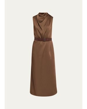 Brunello Cucinelli Cowl-Neck Fluid Satin Cady Sleeveless Belted Midi Dress - Natural