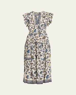 Ulla Johnson Kairi Printed Flutter-Sleeve Midi Dress - White