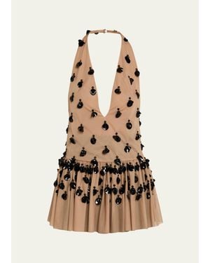 DIOTIMA Embellished Plunging Halter Peplum Top - Natural