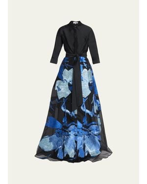 Teri Jon Taffeta And Floral Jacquard Organza Shirt Gown - Blue