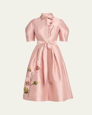 Teri Jon Floral-Embroidered Shimmer Jacquard Midi Shirtdress - Pink