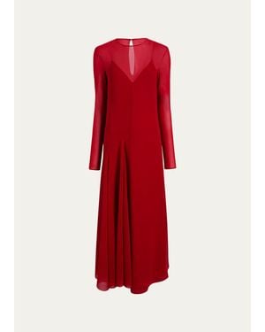 KHAITE Scarlett Long-Sleeve Silk Draped Panel Midi Dress - Red