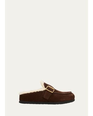 Prada Shearling-Lined Suede Buckle Clogs - White
