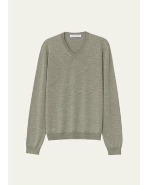 Iris Von Arnim Wool, Silk And Linen Knit V-Neck Sweater - Green