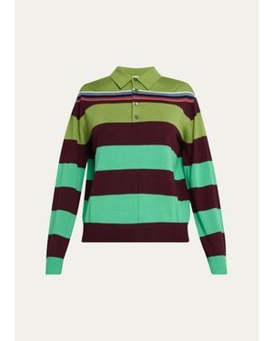 Christopher John Rogers Big Striped Wool-Silk Long-Sleee Polo Sweater - Green