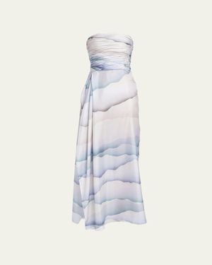 Giorgio Armani Printed Strapless Ruched Silk Dress - White