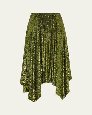 Rabanne Asymmetric Hem Sequined Midi Skirt - Green