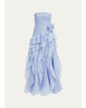 Aje. Canyon Strapless Tiered Ruffle Gown - Blue
