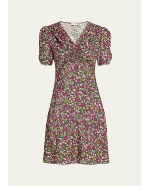 Burberry Jade Floral-Print Silk Ruched Short-Sleeve Mini Dress - Multicolor