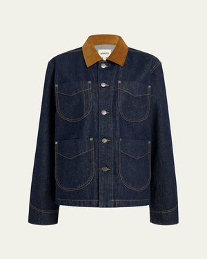 KHAITE Wyatt Corduroy-Collar Denim Jacket - Blue