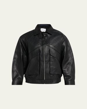 AEXAE Pebbled Leather Aviator Jacket - Black
