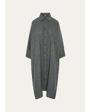 Eskandar Heavyweight Delave Linen Wide A-Line Shirt Dress With Collar - Gray