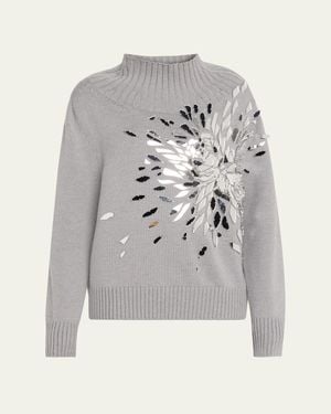Oscar de la Renta Shattered Glass Embroidered Mockneck Sweater - Gray