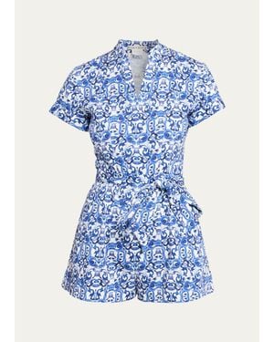 Alice + Olivia Lucy Roll-Sleeve Romper - Blue