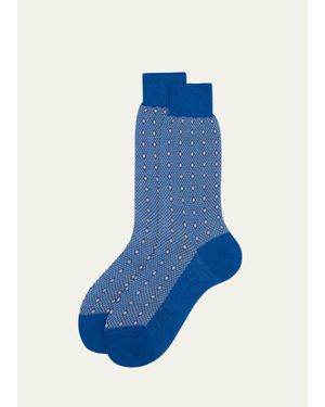 Bresciani Cotton Diamond-Woven Crew Socks - Blue