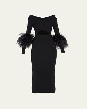 LAPOINTE Criss-Cross Cutout Midi Dress W/ Feather Trim - Black