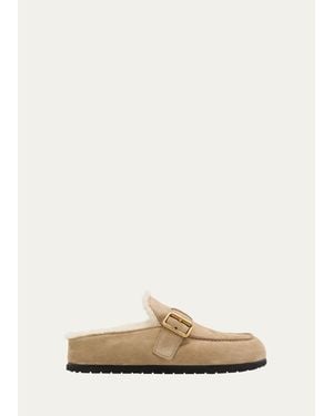 Prada Shearling-Lined Suede Buckle Clogs - Natural