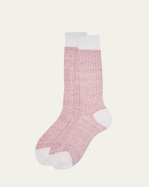 Bresciani Cotton And Linen Birdseye Rib Crew Socks - Pink