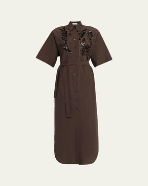 Brunello Cucinelli Sequin Embroidered Cotton Poplin Midi Shirtdress - Brown