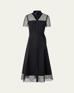 Akris Punto Dot Eyelet Short-Sleeve Cotton Poplin Midi Shirtdress - Black