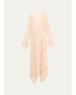 LoveShackFancy Mariven Lace-Trim Floral Silk Duster Cardigan - White