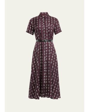 Altuzarra Kiera Diamond-Print Silk Short-Sleeve Midi Shirtdress - Purple
