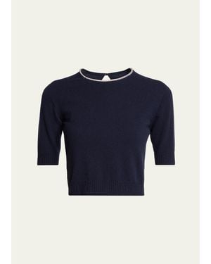 Giorgio Armani Crystal Crewneck Short-Sleeve Silk Knit Crop Shirt - Blue