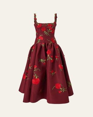 Carolina Herrera Carnation Embroidered Drop-Waist Tea-Length Dress