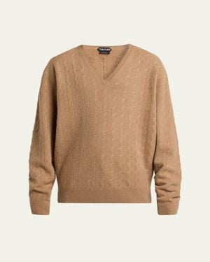 Tom Ford Cable Knit Wool V-Neck Sweater - Natural