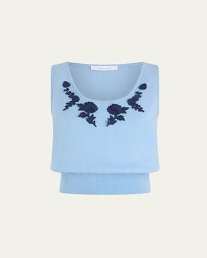 Rabanne Floral Embroidered Rib Knit Sleeveless Sweater - Blue