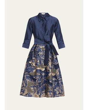 Teri Jon Metallic Taffeta Jacquard Midi Shirtdress - Blue