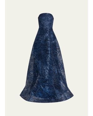 Naeem Khan Strapless Metallic Raffia Embroidered Gown - Blue