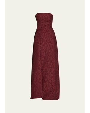 Monique Lhuillier Strapless Textured Jacquard Draped Train Column Gown