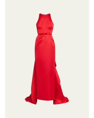 Atelier Prabal Gurung Caroline Satin Halter Column Gown With Detachable Train - Red