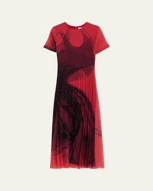 Jason Wu Dancing Pleat Short-Sleeve Pleated Midi Dress - Red