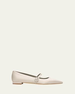 Manolo Blahnik Auluspla Satin Embellished Mary Jane Ballerina Flats - Natural