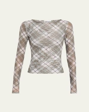 Ronny Kobo Flume Plaid-Print Mesh Top - Gray