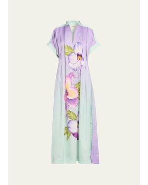 VERANDAH Hand-Pleated Floral Kaftan Maxi Dress - Blue