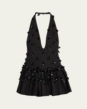 DIOTIMA Embellished Plunging Ruffle Halter Top - Black